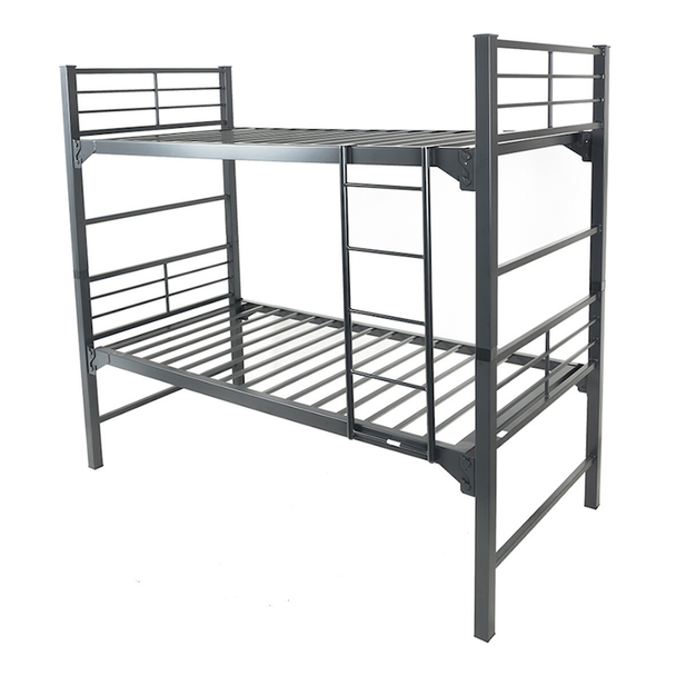 An industrial silver Twin XL over Twin XL metal bunk bed set highlighting built-in steel climbing rungs, full-length upper security rails, and a supportive steel deck.
