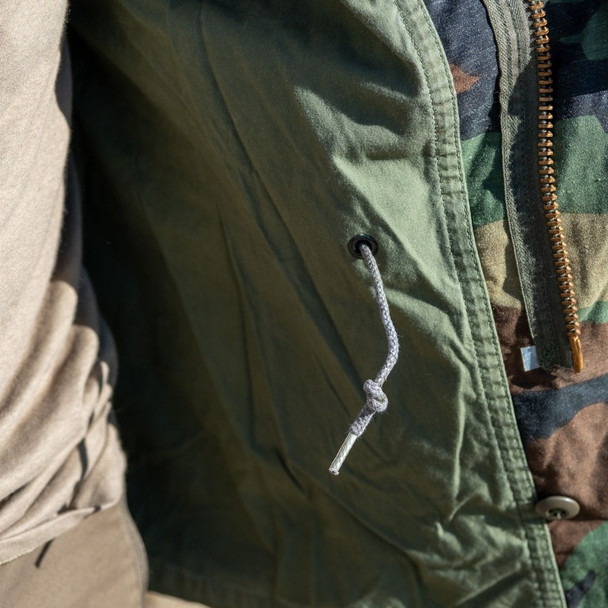 Close up of the zipper on the M65 Woodland Field Jacket