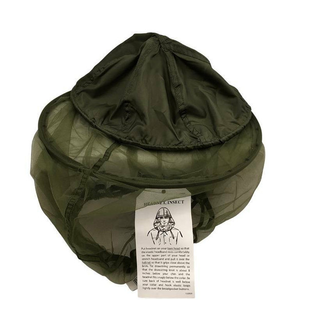 New military issue mosquito insect head net in olive drab green mesh for protection against bugs and gnats.