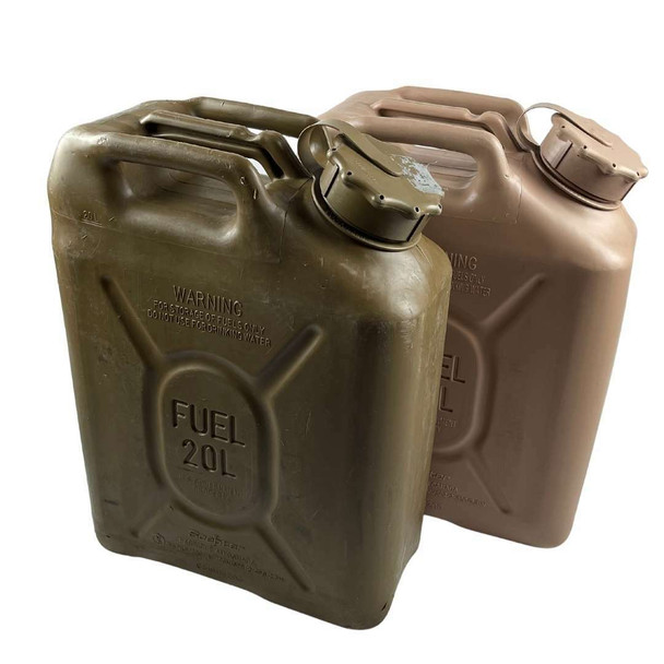 two used Military 5 Gallon Fuel Can facing right one tan and one olive two used Military 5 Gallon Fuel Can facing right one tan and one olive