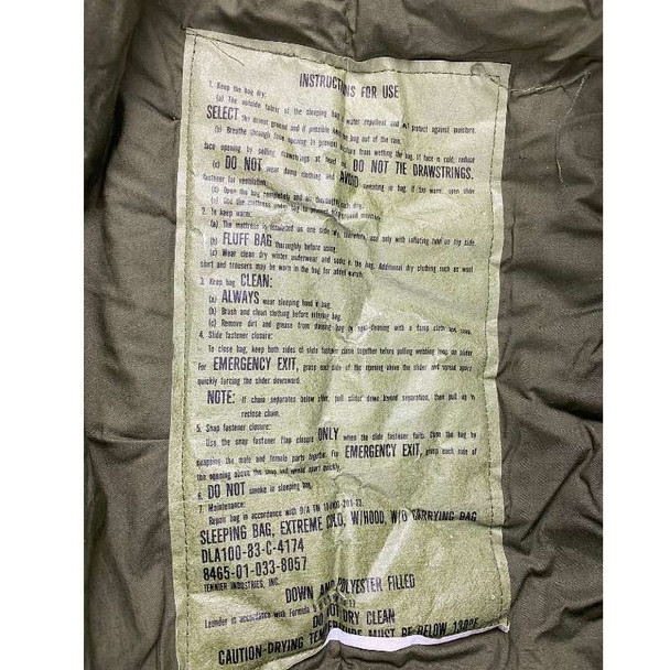 Close up of the instructions for the Cold Weather Vintage Sleeping Bag