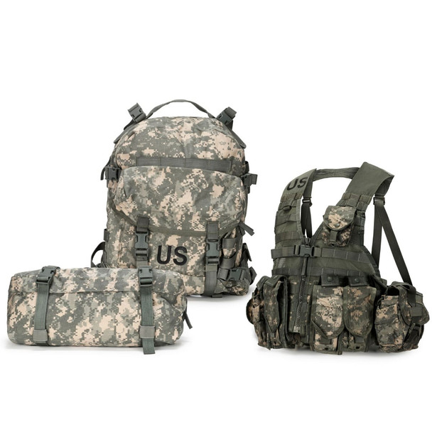 U.S. Issue ACU Core Rifleman Set, Used in the color ACU showing the Fighting Load Carrier (FLC) Vest, Assulat pack, and waist pack. U.S. Issue ACU Core Rifleman Set, Used in the color ACU showing the Fighting Load Carrier (FLC) Vest, Assulat pack, and waist pack.