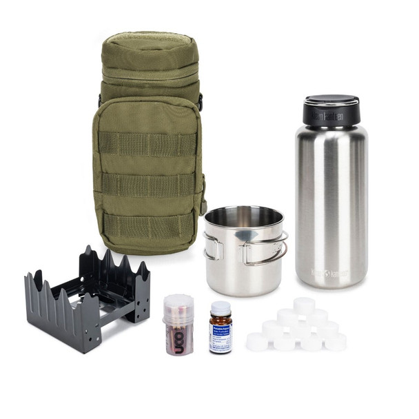 Stainless steel canteen cup stove pouch and accessories making up the bushcraft water kit