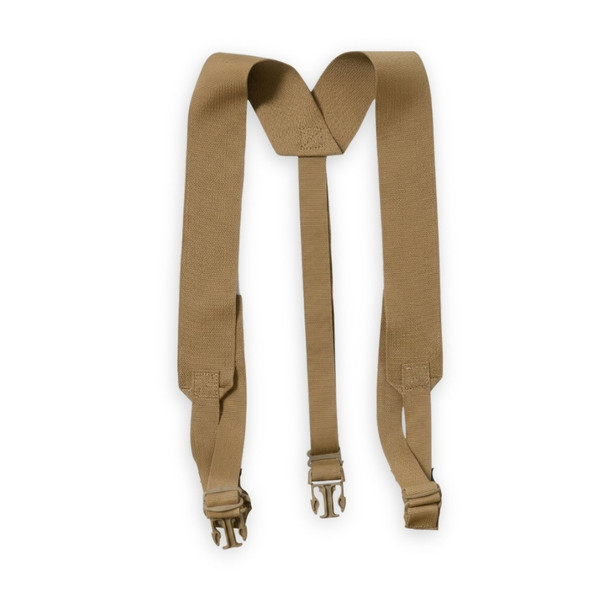 A coyote brown USMC combat war belt Y-style harness suspender system with wide shoulder straps and mesh back panel.