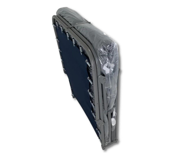 A folded gray medical cot 