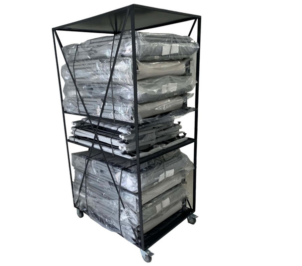 A black industrial rolling storage cart holding eight folded emergency medical cots in plastic wrap