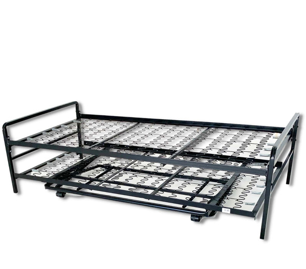 A black metal daybed frame with its pop-up steel trundle unit