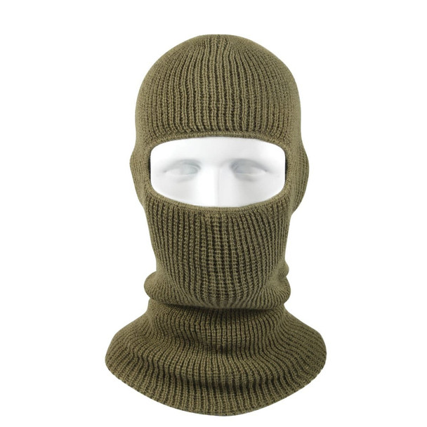 U.S. made single-hole tactical balaclava in an olive finish, covering the head and neck with a reinforced eye opening