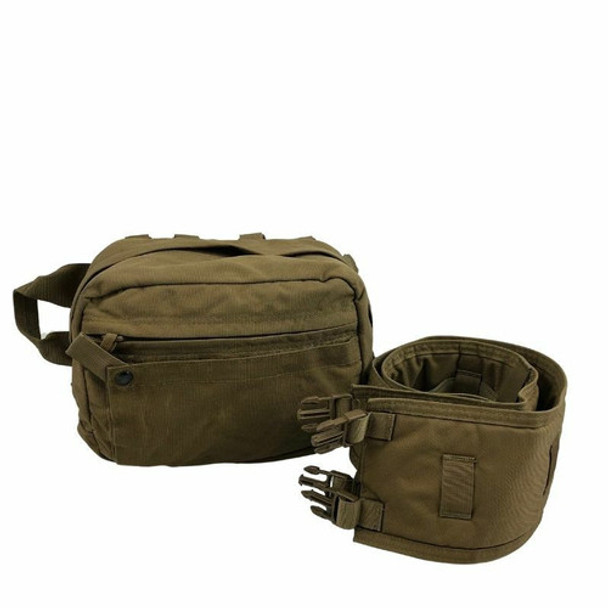 Sling rolled up in the bottom right in the color coyote with the trauma back to the left