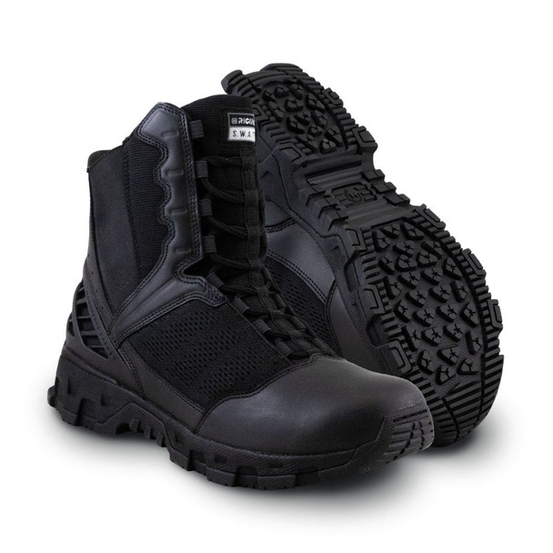 Original SWAT Alpha Freedom 8" Hands Free Safety Toe Boot in black. One pair showing the bottom sole thread