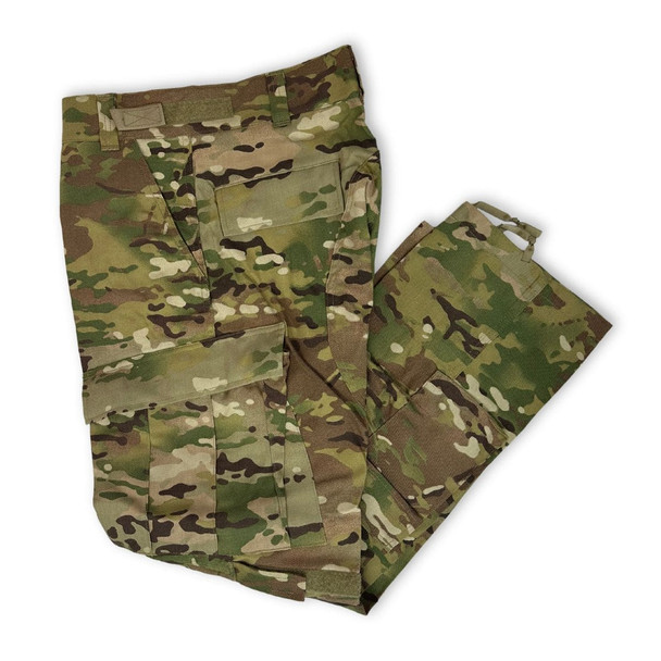 MultiCam FR Combat Pant folded flat to see the slanted pockets and Arimid frabric