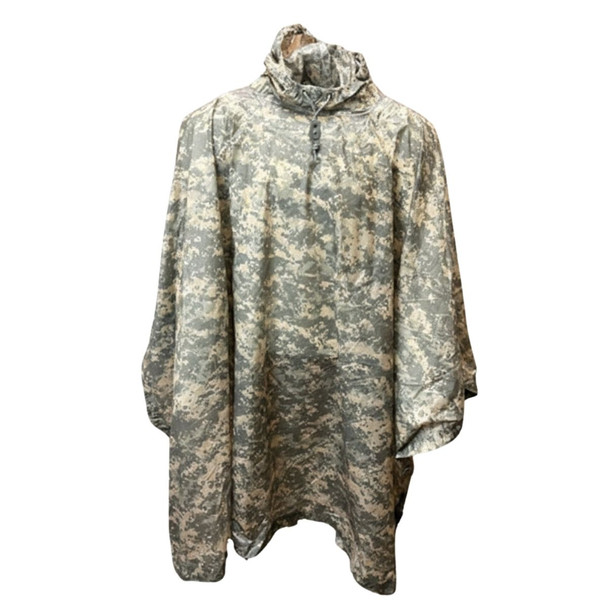 Official U.S. Army universal camouflage pattern (UCP) digital camo poncho featuring waterproof ripstop fabric and heavy-duty snap closures.