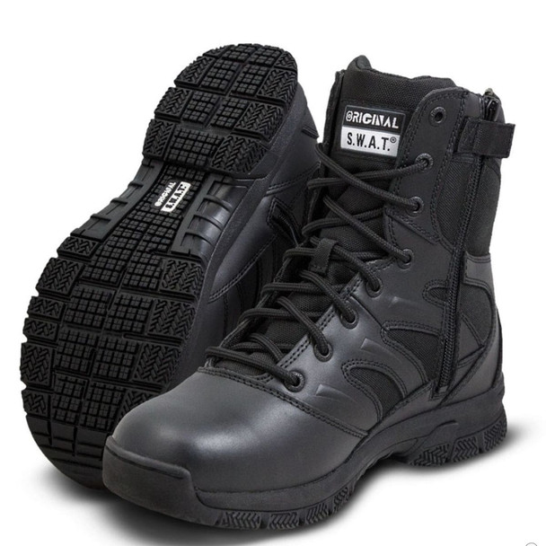 Black 8 inch Original SWAT Force tactical boots with side zipper and polishable leather toe.