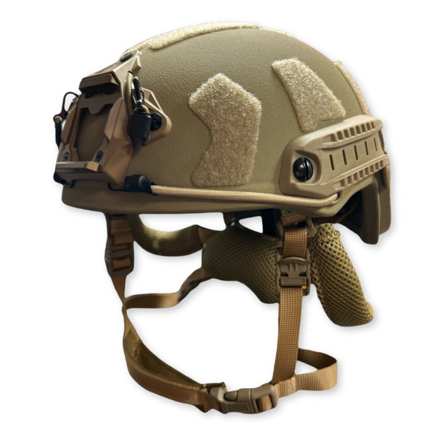 Front of the helmet showing the metal front mount compatible with NVG shrouds with added security straps
