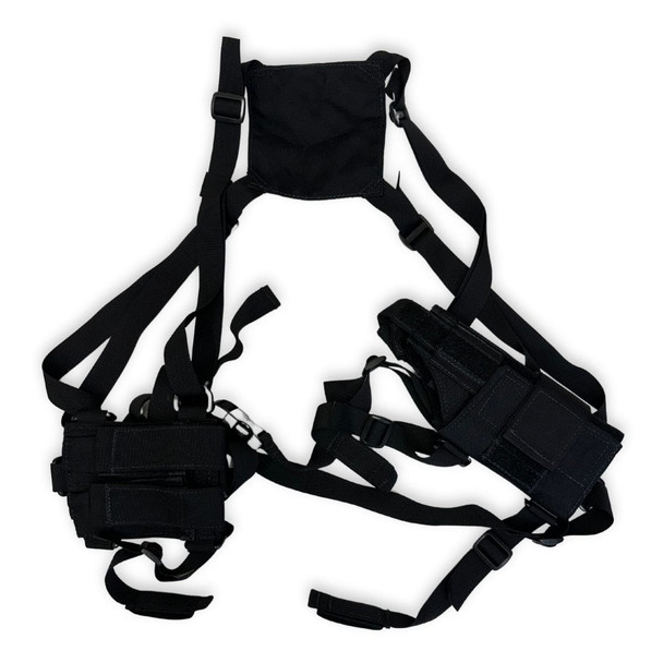 LBT modular shoulder holster in coyote brown with adjustable nylon straps and a secure thumb break retention system.