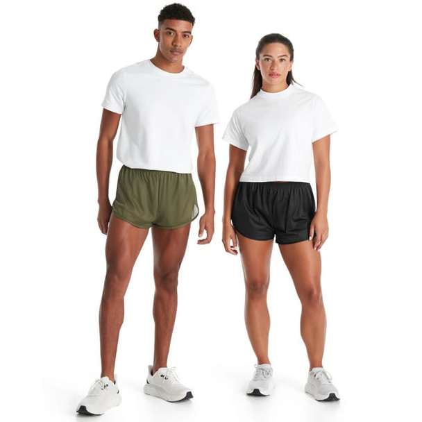 Man on the left wearing the olive short and the women on the right wearing the black pair 