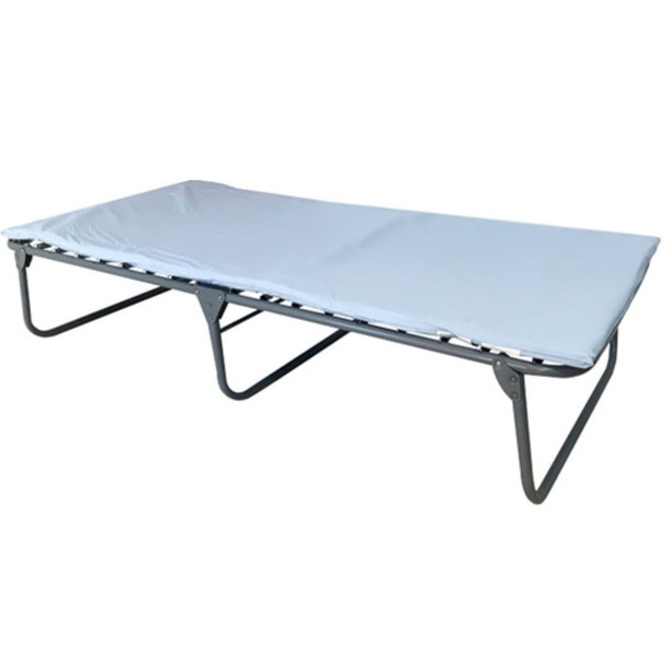 An open industrial-strength XM-6 extra-wide steel folding cot fitted with a white foam mattress pad on a rigid gray tubular metal frame.