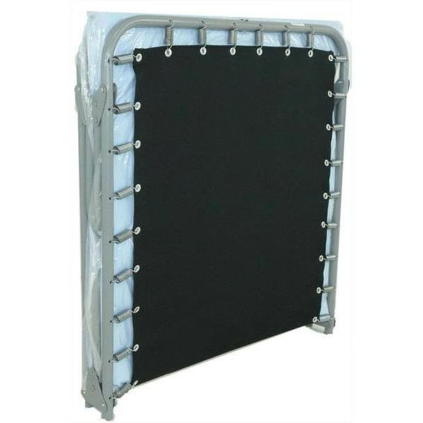 A folded industrial-strength XM-6 extra-wide steel folding cot fitted with a white foam mattress pad on a rigid gray tubular metal frame.