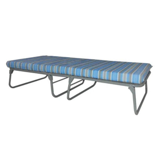 A fully deployed XK-5 extra-wide and long military-style folding steel cot with an integrated blue striped high-density foam mattress pad