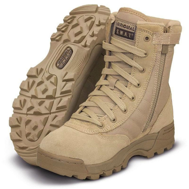 Original SWAT Classic 9" Side zipper boot in Tan suede leather and Cordura® 1000 denier nylon. one pair with the bottom sole showing the tread