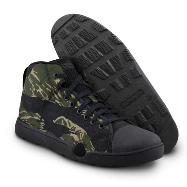 Altama Maritime - Mid in color tiger stripe. One pair with the bottom sole showing the thread