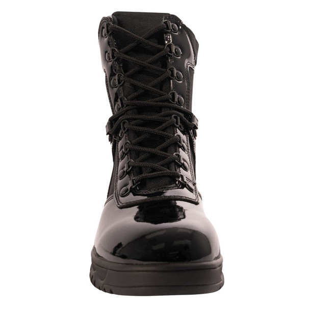Front side of Rothco Forced Entry High-Gloss Tactical Boot with Side Zipper 8 Inch. Close up of the lacing