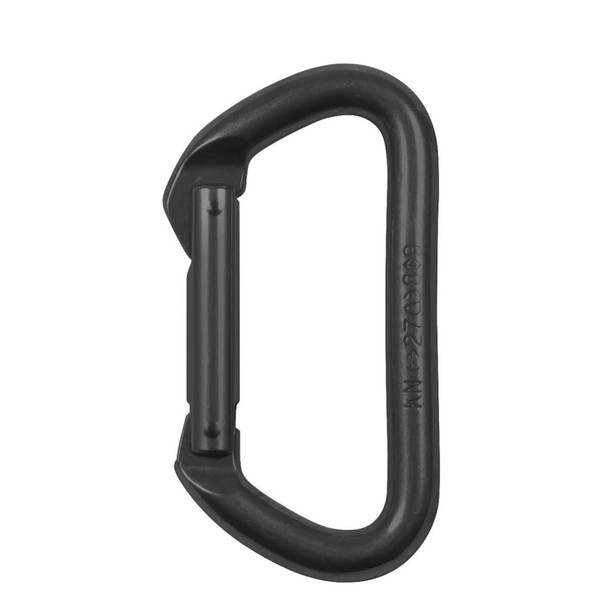 Rothco black "D" shaped aluminum climbing carabiner with a spring-loaded gate for securing tactical gear.