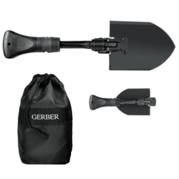 Gerber Gorge Folding Shovel in expanded size and folded. Also shows the drawstring bag Gerber Gorge Folding Shovel in expanded size and folded. Also shows the drawstring bag