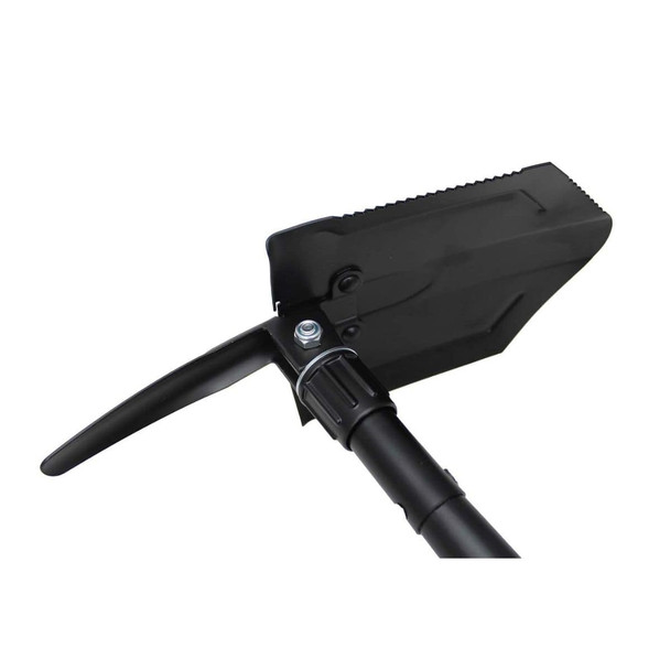 Close up of the Rothco Heavy Weight Steel Handle Folding Pick and Shovel showing it at a 90 degree angle and the pick