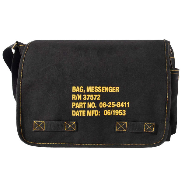 Heavyweight Canvas Classic Messenger Bag With Military Stencil in black showing the military inspired bag’s details printed in stark, gold lettering