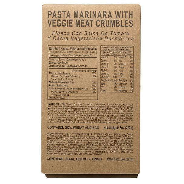 Pasta marinara with veggie meat crumbles MRE