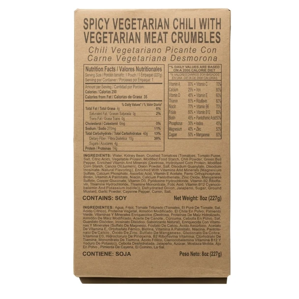 Spicy vegetarian chili with vegetarian meat crumbles MRE
