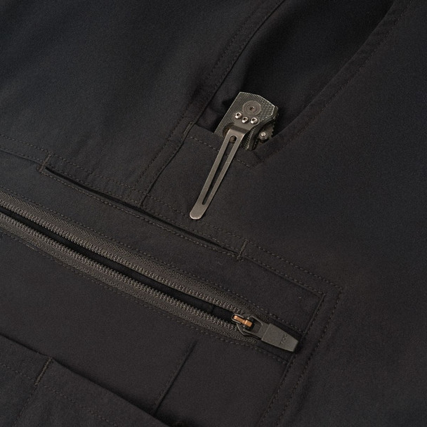close of of the pocket for a knife and the zipper pocket 