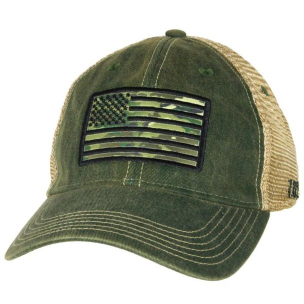 Front side of the 7.62 Camo Flag Vintage Trucker Hat showing the camo flag