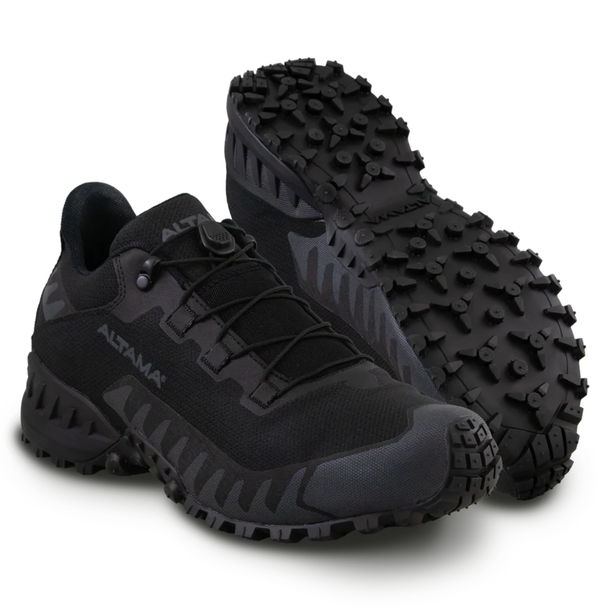 Altama Legacy Low Shoes  in the color black, one shoe facing down showing the thread
