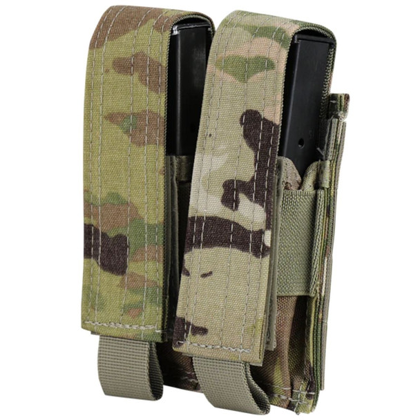 Front side of the Double Pistol Mag Pouch in the color scorpion OCP