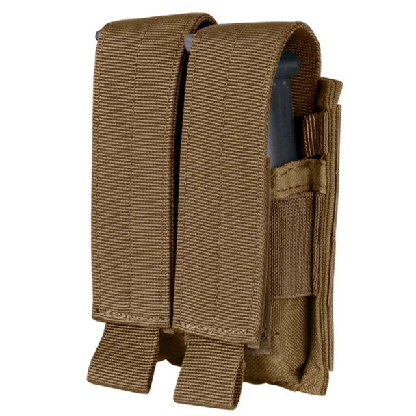 Front side of the Double Pistol Mag Pouch in the color coyote 