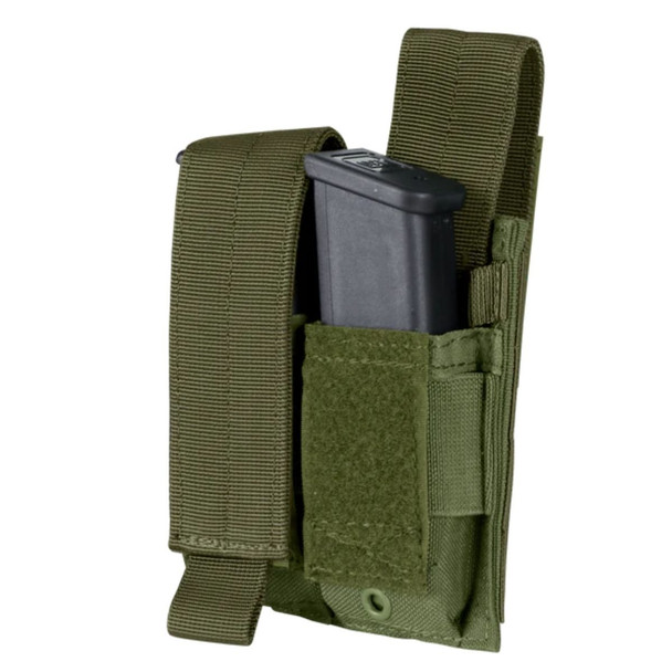 Front side of the Double Pistol Mag Pouch with a Mag inside 
