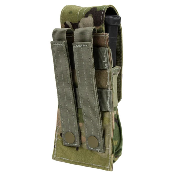 Back side of the mag pouch showing the MOLLE webbing and the straps
