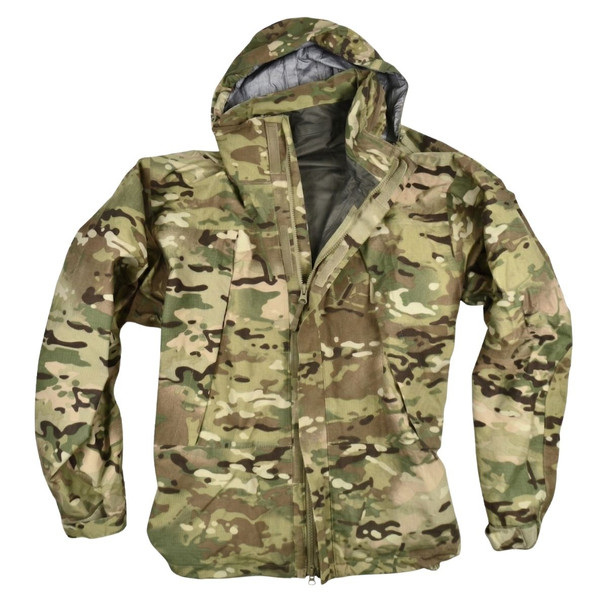 U.S. Army Issue OCP Level 6 ECWCS Jacket gore-tex laying flat slightly open with the hood