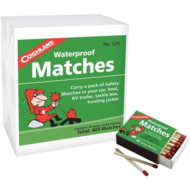 Coghlans waterproof matches case box along with the singular match box in the bottom right