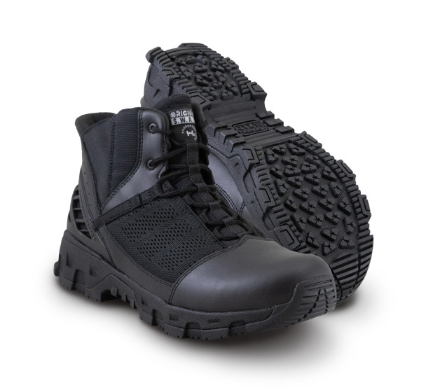 Black 6 inch tactical duty boots with a composite safety toe and mechanical dial lacing system.