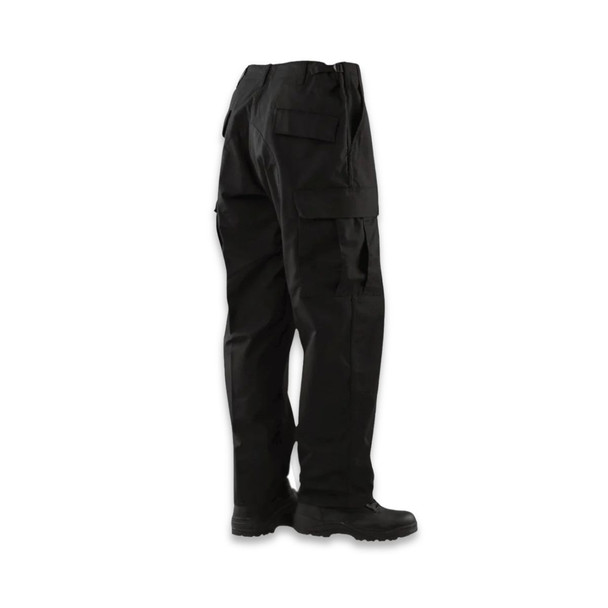 Black Tru-Spec Original BDU tactical pants showcasing the classic 6-pocket cargo layout and reinforced knee patches.