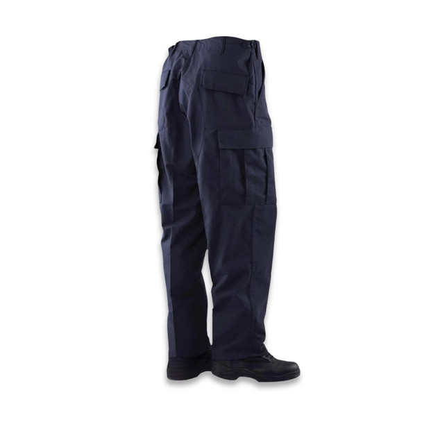 Dark navy Tru-Spec Original BDU tactical pants showcasing the classic 6-pocket cargo layout and reinforced knee patches.