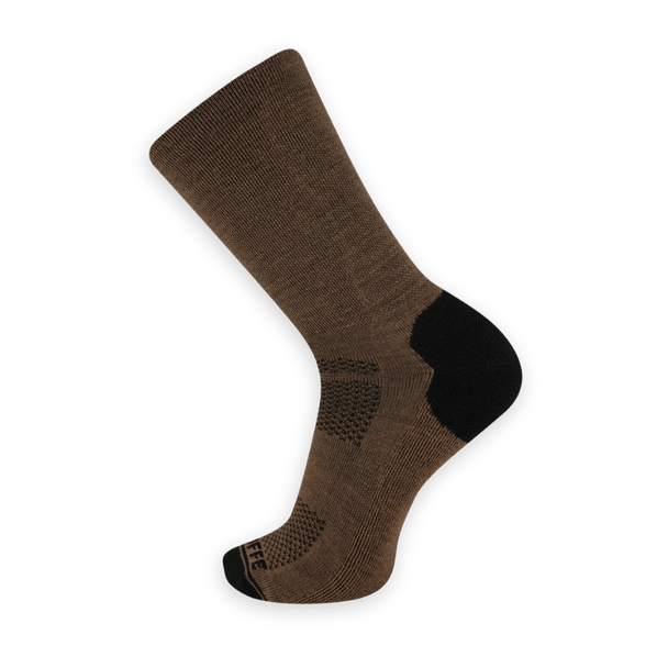 Coyote brown Soffe tactical trainer crew sock featuring reinforced heel and toe cushioning and ventilation mesh channels on the top of the foot.