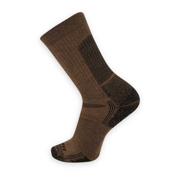 Coyote Brown Soffe shin shield tactical boot sock featuring extra thick padded cushioning along the front shin bone and a flexible ankle knit.