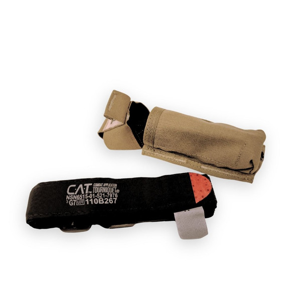 A genuine black North American Rescue Gen 7 CAT tourniquet sitting next to its rugged khaki MOLLE-compatible tactical holder