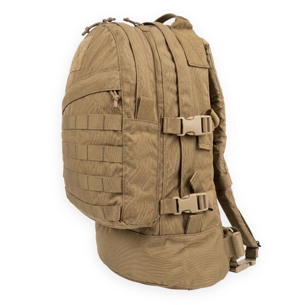 USGI MOLLE II 3-Day Assault Pack coyote color showing the side compression buckles 