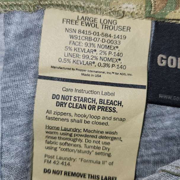 inside label of U.S. Army Issue FREE EWOL Gore-Tex Pant, MultiCam
