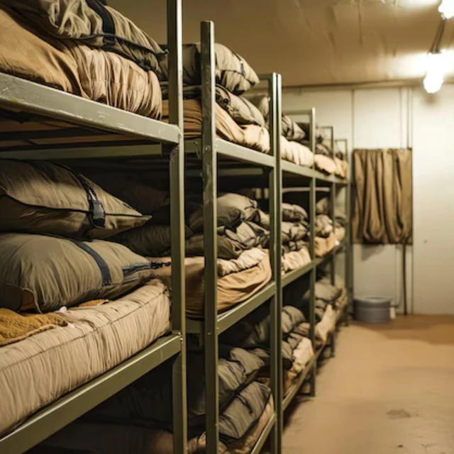 Rows of steel military bunk beds with folded bedding